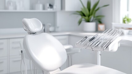 Clean, modern dental chair in a bright, sterile clinic.  Dental tools and equipment are neatly arranged