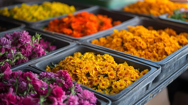 Colorful flowers in trays at market