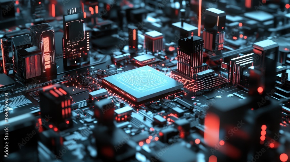 Aufkleber this image showcases a futuristic circuit board with glowing red and blue lights, emphasizing modern