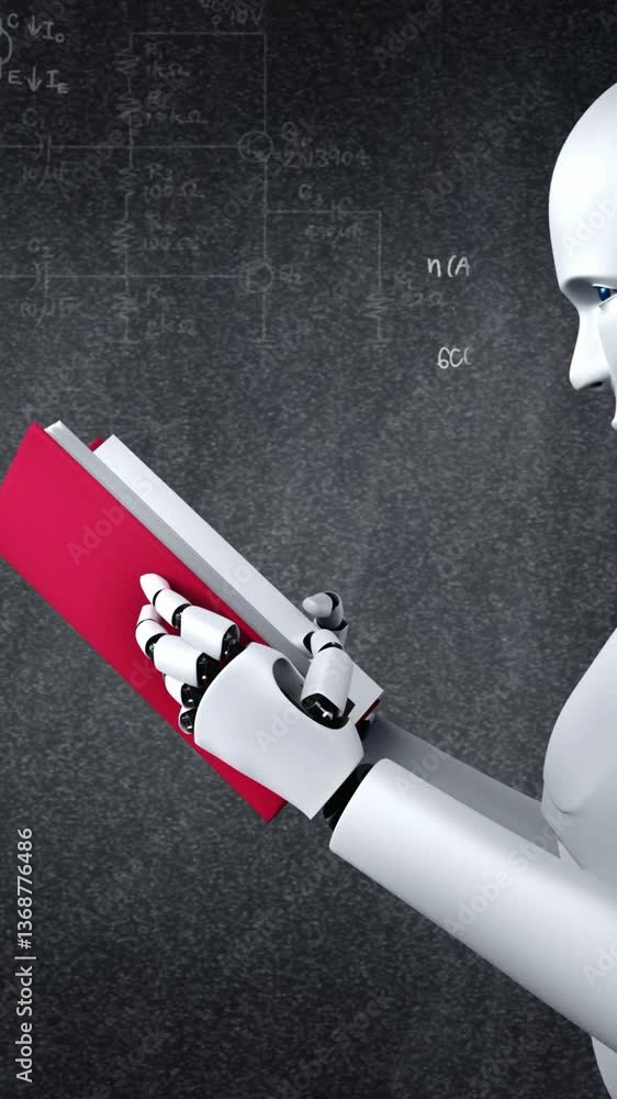 Poster 3d rendering of robot hominoid reading book and solving math data analytics in concept of future mat