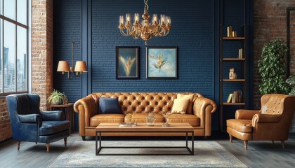 Elegant and modern living room interior with a brick wall, a leather sofa in a golden color