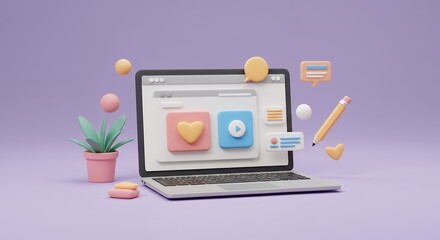 Modern Digital Content Creation Laptop with 3D Icons and Plant