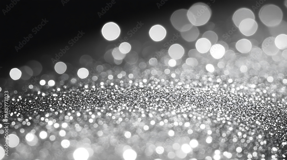 Poster sparkling silver glitter shimmers in the soft focus, illuminated in the darkness, creating an abstra