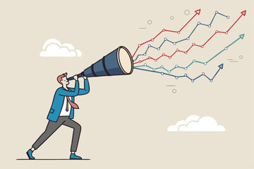 Forecast or prediction to see or analyze future opportunity, forwarding data analysis, leadership vision or discover investment plan concept, businessman look through telescope to see forecast chart.