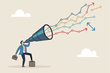 Forecast or prediction to see or analyze future opportunity, forwarding data analysis, leadership vision or discover investment plan concept, businessman look through telescope to see forecast chart.