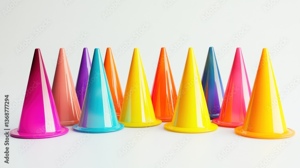 Poster a vivid display: array of brightly colored reflective geometric cone shapes