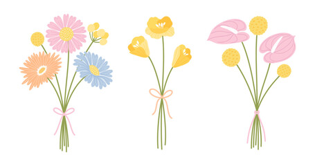 Set of three bouquet wildflowers. Floral bunch. Flowers tied with ribbon, vector illustration. Meadow herbs, and wild plants for design projects