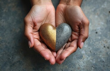 Hands holding heart shaped stone. Gold, grey colors love, kindness, support, togetherness, community, diversity. World kindness day. Symbol of harmony, compassion. Concept of giving help to people.