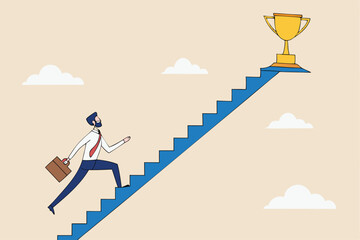 Small steps to success, challenge improve career and achieve target, journey, aspiration to reach goal, patience and persistence concept, businessman walk up small step stair to reach trophy reward.