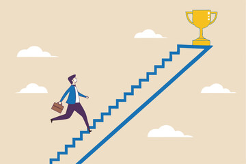Small steps to success, challenge improve career and achieve target, journey, aspiration to reach goal, patience and persistence concept, businessman walk up small step stair to reach trophy reward.