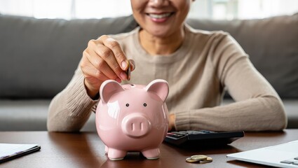 Saving money wealth concept, asian young business woman hand putting coin into piggy for saving cost, cash finance planning to spend enough money on her income for save money, payment tax, investing. 