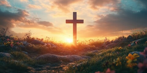 Beautiful sunset over a cross surrounded by blooming flowers in a serene landscape