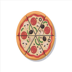 Obraz premium illustration, food, pizza, isolated, drawing, art, pizzeria, dinner, pepperoni, italian, cartoon, vector, design, hot, tasty, delicious, cheese, sausage, lunch, fastfood, background, cuisine, cooking,