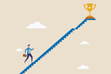 Small steps to success, challenge improve career and achieve target, journey, aspiration to reach goal, patience and persistence concept, businessman walk up small step stair to reach trophy reward.