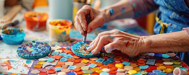 Picture about smart artisan working in vibrant workshop. Skillful artist creating colorful mosaic artwork by mini piece material. Crafting handmade art with artistic tools and creativity idea. AIG61.