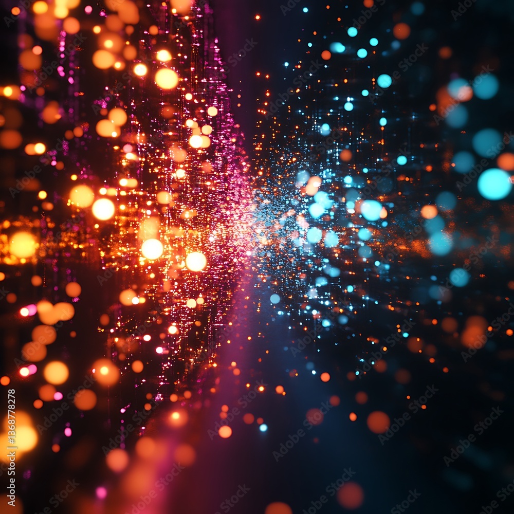 Poster abstract digital art, vibrant particles, glowing effects. a dynamic display of colorful lights, boke