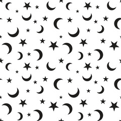 Fototapeta premium Black Moon crescent and stars pattern seamless