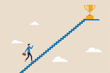 Small steps to success, challenge improve career and achieve target, journey, aspiration to reach goal, patience and persistence concept, businessman walk up small step stair to reach trophy reward.