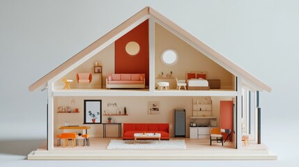 Detailed dollhouse displaying modern interiors with living and dining spaces