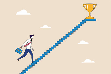 Small steps to success, challenge improve career and achieve target, journey, aspiration to reach goal, patience and persistence concept, businessman walk up small step stair to reach trophy reward.