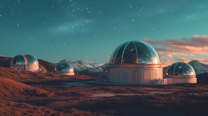 Futuristic observatories dot a serene, mountainous landscape under a starry sky.