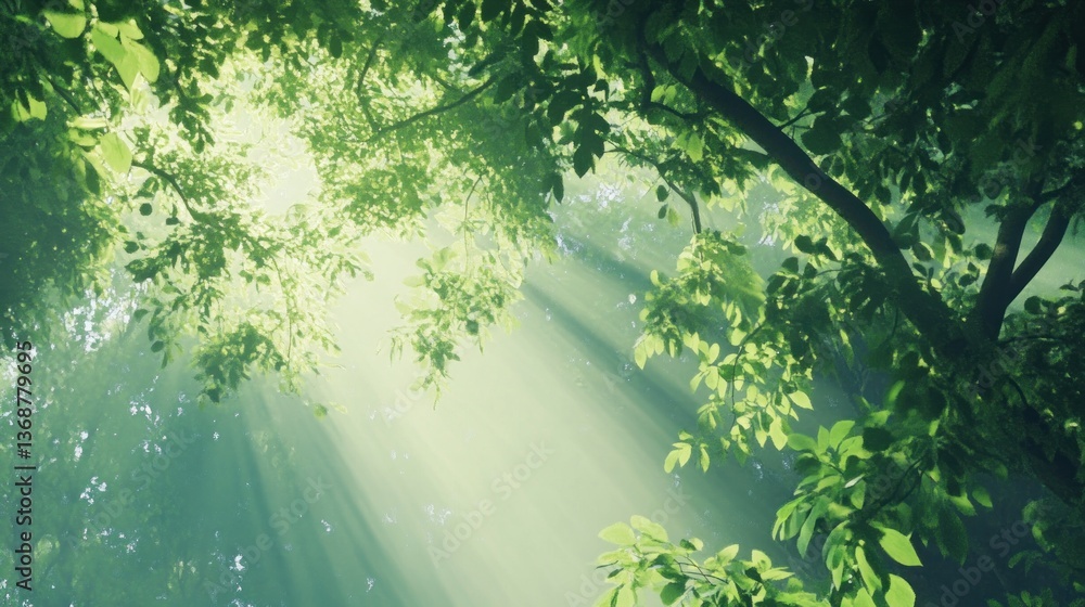 Poster sunlight streaming through forest canopy creating ethereal atmosphere