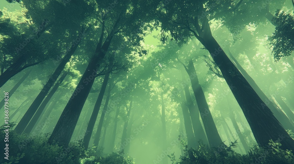 Poster mystical forest canopy, emerald light filtering through the dense treetops