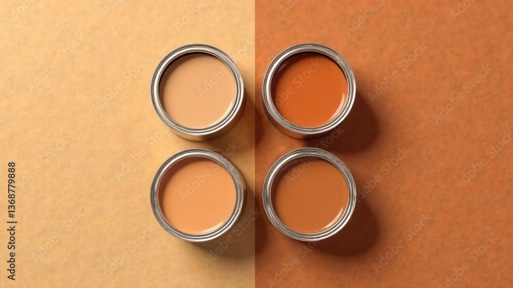 Poster four paint cans filled with different shades of beige and orange are neatly arranged on a split back