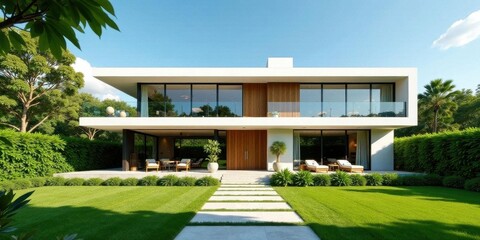 Fototapeta premium Modern Architectural Design Luxurious Two-Story Home with Expansive Windows, Balconies, and Lush Landscaping