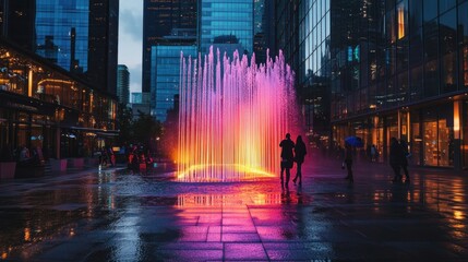 Enchanting urban spectacle: vibrant fountain illuminates a rainy city night