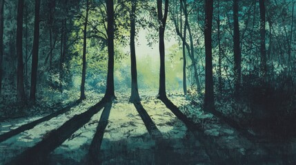 Fototapeta premium Ethereal forest landscape showcasing silhouetted trees and dappled sunlight