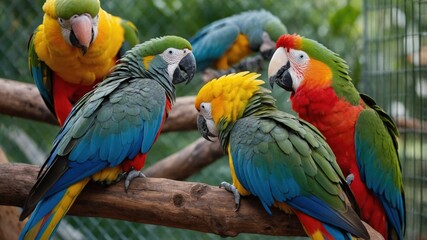 Obraz premium Colorful parrots interacting on a tree branch in a lush environment 
