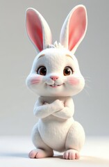 Fototapeta premium A charming white rabbit character with large ears and a friendly expression stands upright exuding joy. The character has rosy cheeks and a playful demeanor captivating with its cuteness.