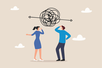 Complicated problem, complexity or difficulty, solving difficult problem, challenge or trouble, thinking or brainstorm for solution concept, business people thinking with chaos messy tangle knot.