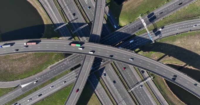 The Ridderkerk interchange is a traffic junction. Highway, trasnport and mobility infrastructure. Aerial view.