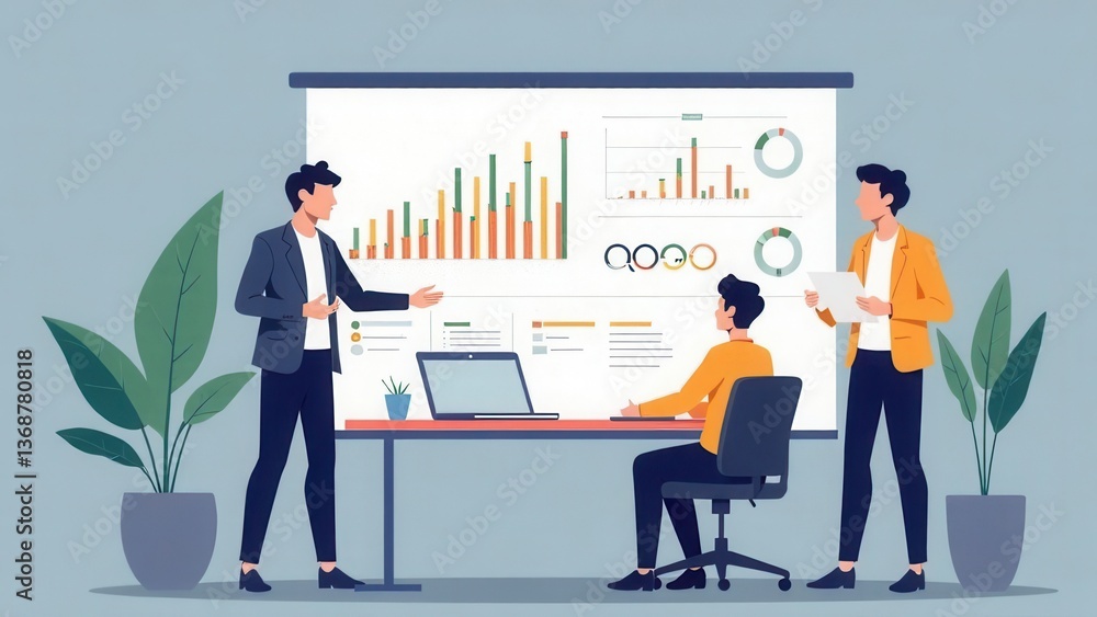 Poster three colleagues are engaged in a presentation about business analytics. one person gestures toward 