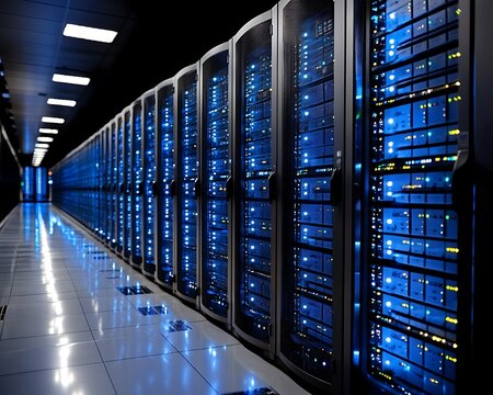 Data center server room with rows of lit racks. - Powered by Adobe