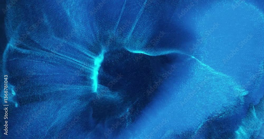 Poster shimmering blue particles in abstract motion with fluid simulation flow in dark blue, creating a swi