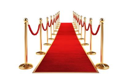 3D red carpet with golden stanchions leading to a VIP entrance ? Luxury and celebrity concept, isolated on white transparent background