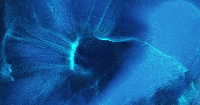 Shimmering blue particles in abstract motion with fluid simulation flow in dark blue, creating a swirling texture with pulsing light against an abstract background. Seamless loop. 3D render