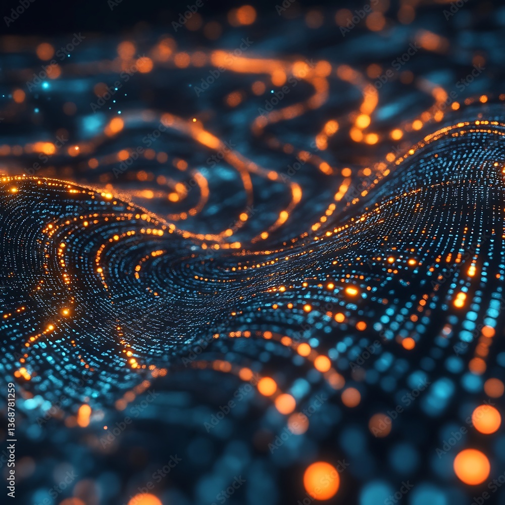 Poster Abstract digital wave, data points,  vibrant colors.  A mesmerizing display of interconnected glowing points creating a dynamic wave pattern. 