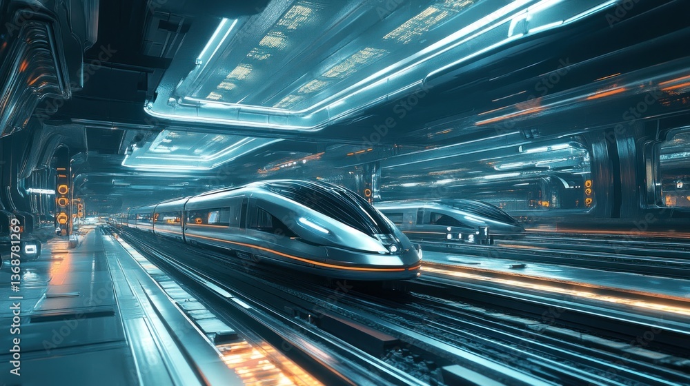 Poster futuristic rail system with high-speed trains and advanced infrastructure