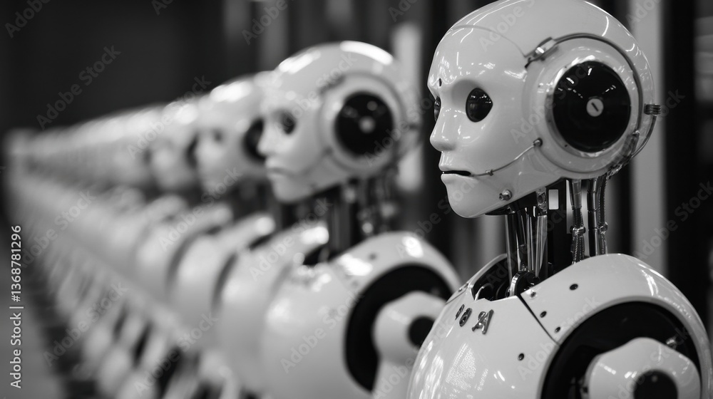 Poster a lineup of futuristic robots showcases advanced technology, embodying innovation and design in a sl