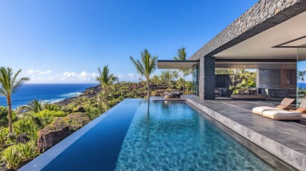Fototapeta premium Luxury villa with a sleek, open-concept design overlooking the ocean.