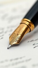 Golden fountain pen nib on handwritten letter