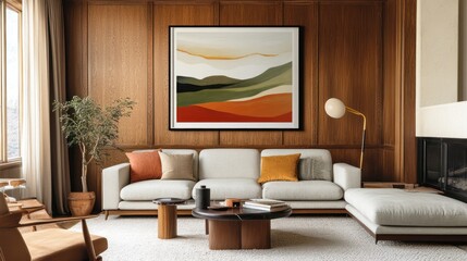 Mid-century modern living space with a bold framed abstract landscape print, rich wooden accents.