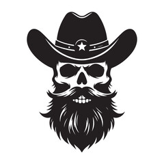 Cowboy Skull Silhouette with Hat and Beard Detailed Vector Design