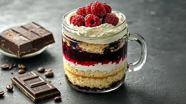 Layered Dessert in a Jar with Raspberries and Chocolate on a Dark Background