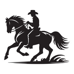 Cowboy Silhouette Riding Horse on Prairie Vector Illustration Art