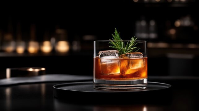 Dark amber cocktail with ice and rosemary